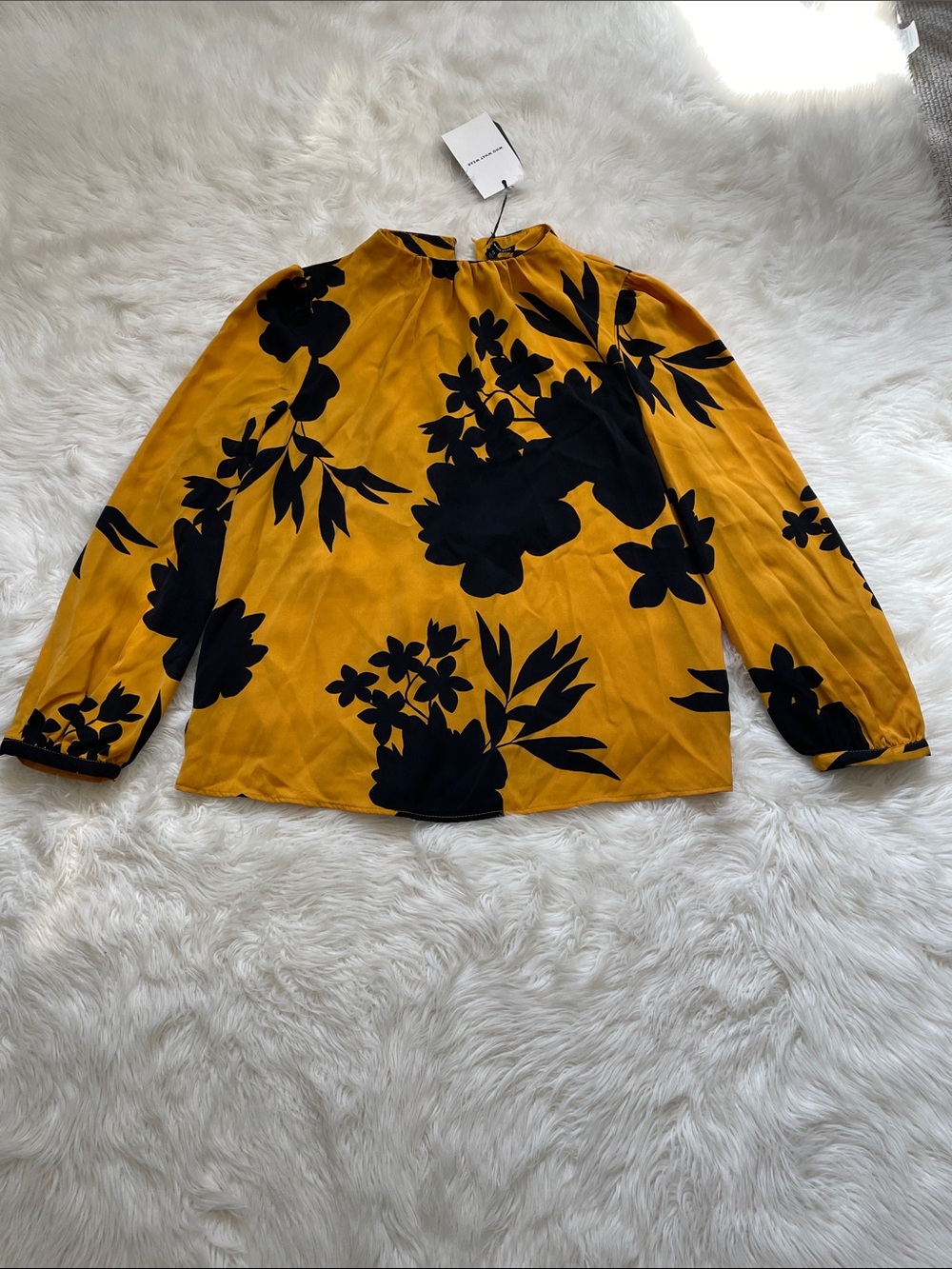 High-Neck Floral Blouse in Mustard Yellow with Black Print Medium